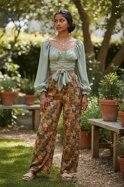 RUMOR Sage Tie Front Crop Top Puff Sleeve Boho Cottagecore Reformation Style